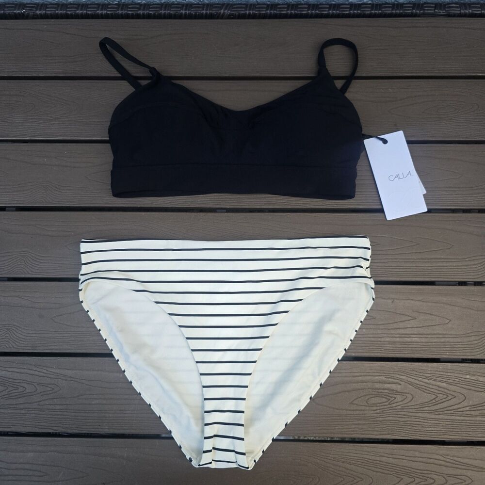 CALIA Women's Black Bikini Top & Coastal Stripe Mid Rise Bikini Sz M New No Tag